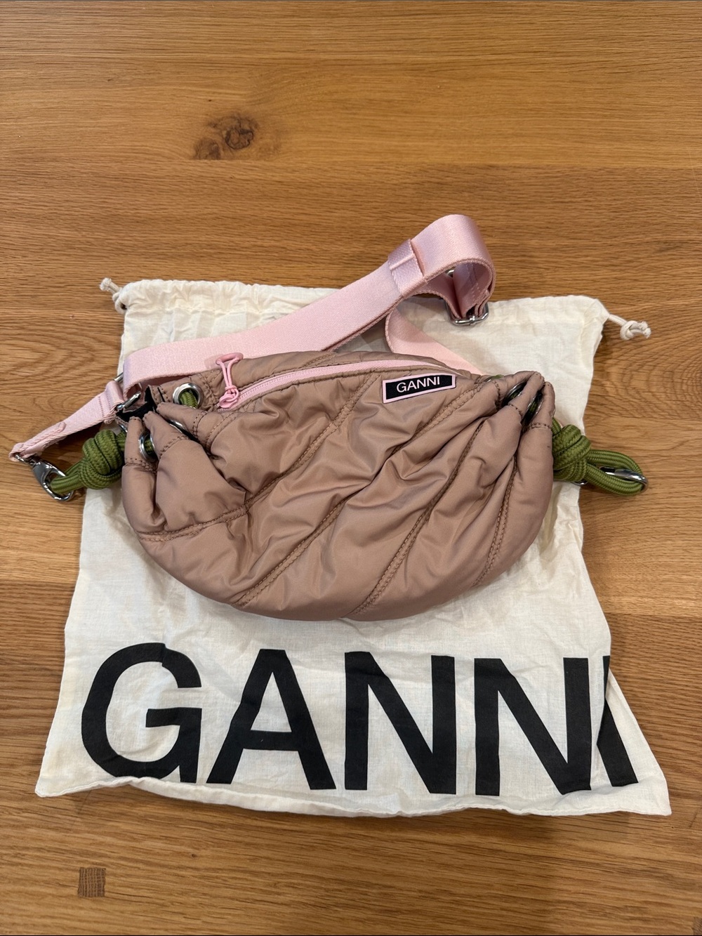GANNI Pink Puffer Crossbody Bag Tannin Quilted Recycled Tech Duffle Paracord